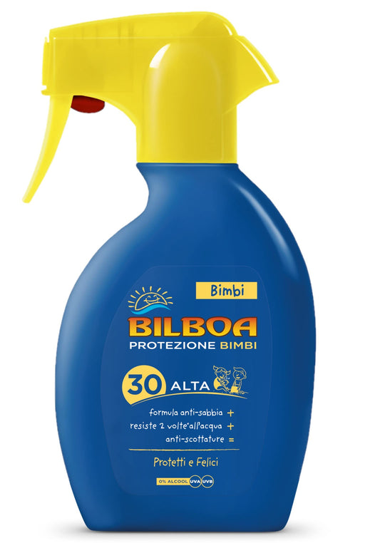 Bilboa Bimbi Trigger Solare 250ml – Spray Solare Bambini SPF30 SPF50+ Delicato Resistente Acqua - 100ml Profumeria