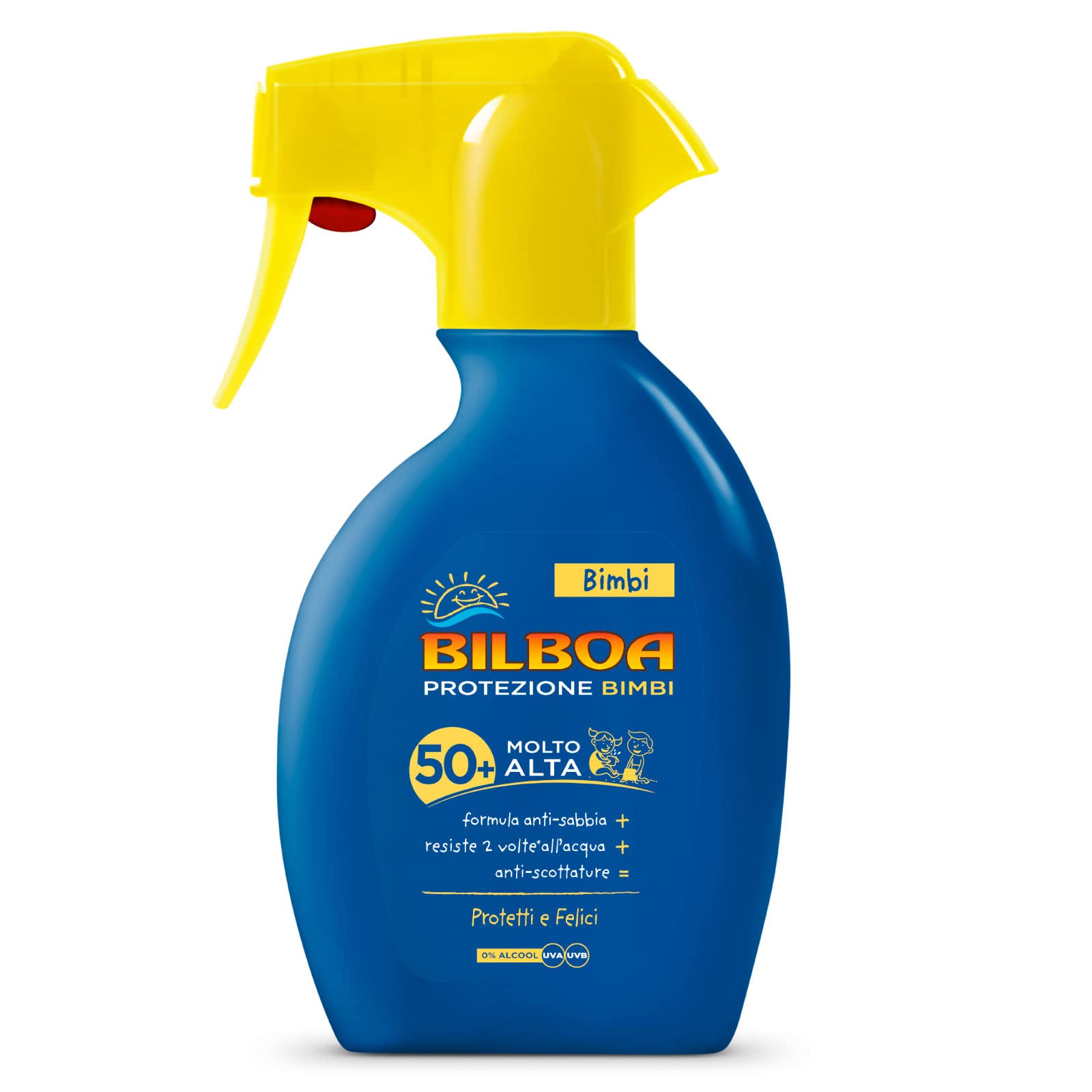 Bilboa Bimbi Trigger Solare 250ml – Spray Solare Bambini SPF30 SPF50+ Delicato Resistente Acqua - 100ml Profumeria