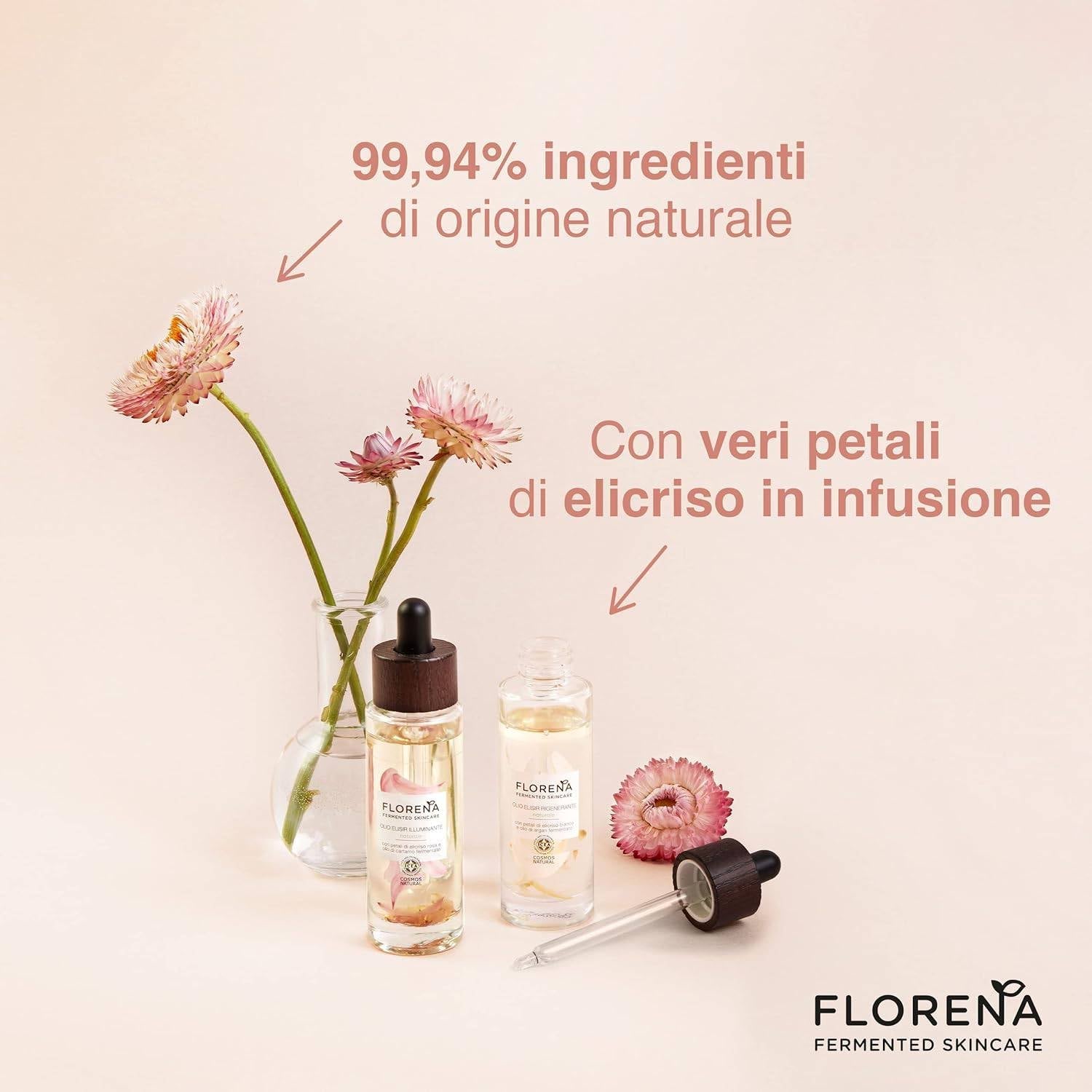 Florena Fermented Skincare Olio Elisir Rigenerante Naturale con Petali di Elicriso Rosa e Olio di Cartamo Fermentato - 100ml Profumeria