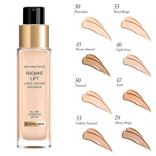 Max Factor Radiant Lift Long Lasting Radiance SPF30 30 ml – Fondotinta Lunga Durata Effetto Lifting - 100ml Profumeria